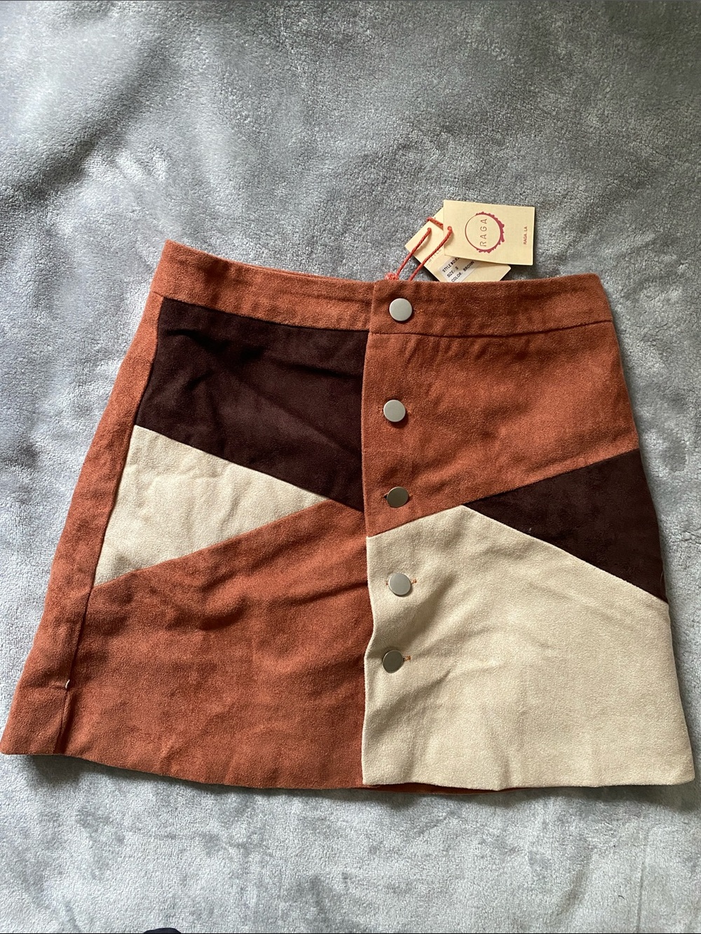 RAGA Colorblock Suede (faux??)  Mini Skirt in Rust, Dark Brown & Cream